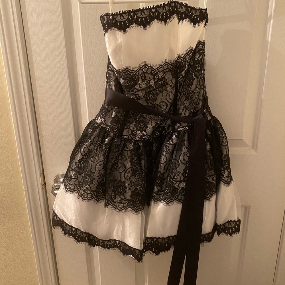 Black White Chantilly Lace Silk Organza Bow Belt Strapless Fit & Flare Dress.